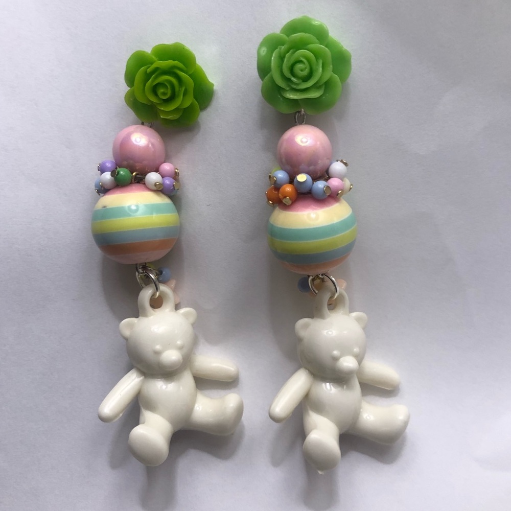 Rainbow pastel rose teddy bear bubblegum earrings